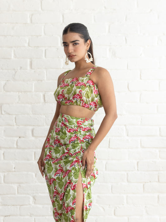 Flamingo Print Ruched Skirt Set