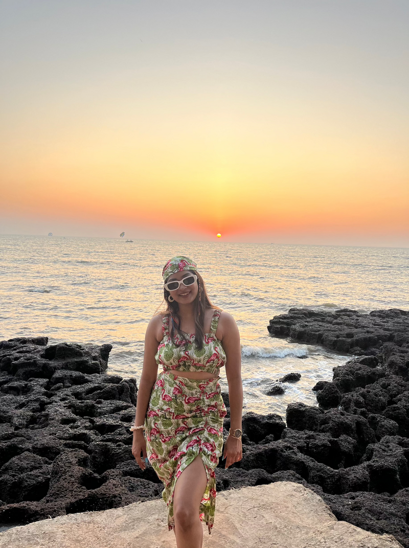 Flamingo Print Ruched Skirt Set